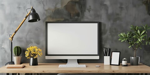 A desk with a computer, lamp, and plants on it.