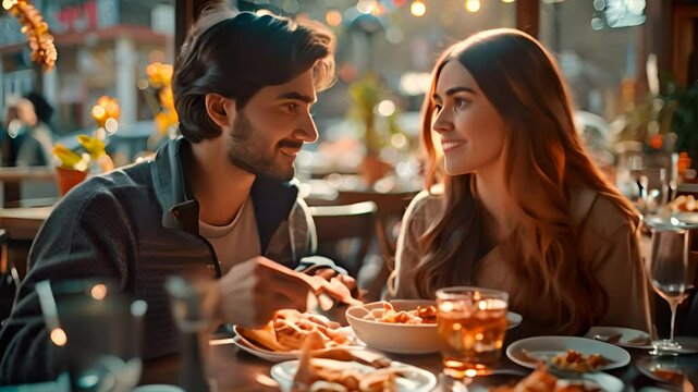 indian couple aged between 20 -25 eating chole bhature in a restaurant, modern clothing,generative ai