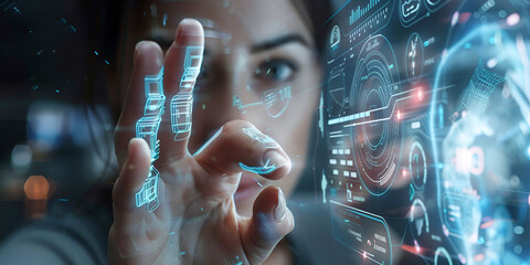 User Interacting with Futuristic Biometric Display System