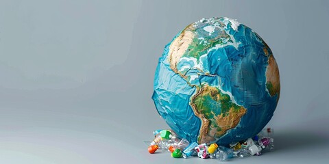 Our planet is drowning in plastic waste. This image shows a globe of the Earth covered in plastic trash.