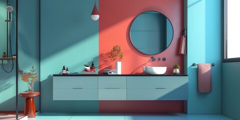 The image shows a bathroom with blue and red walls, a large round mirror, and a white sink.