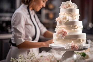 A close up of an elegant wedding cake with a young pastry chef in the background
