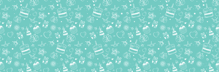 Birthday elements seamless vector background. Birthday element icon pattern in seamless green background for party wallpaper. Vector illustration endless design. 
