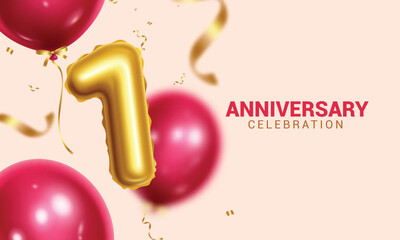 Anniversary 1st year vector design. First year anniversary celebration with number 1 gold, shiny, glossy and red balloons for party occasion background. Vector illustration party celebration design. 
