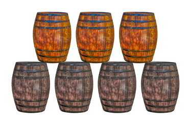 set of oak barrels gray and brown warehouse storage and aging whiskey
