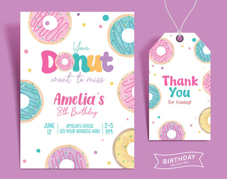 Birthday girl invitation card vector template design. Donut birthday invitation and thank you card template for girl party gift tags background. Vector illustration greeting design. 
