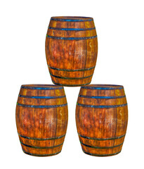 three oak barrels stack triangular on a white isolated background