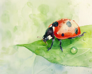 Obraz premium Watercolor Illustration of a Ladybug on a Leaf with Dew Drops in a Natural Setting
