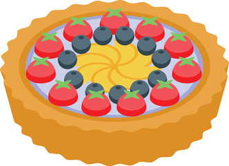 Delicious homemade round fruit tart with blueberries and tomatoes is waiting on the table