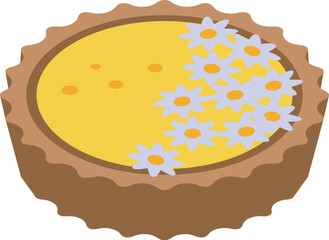 Round baked lemon pie with a crispy crust decorated with chamomile flowers