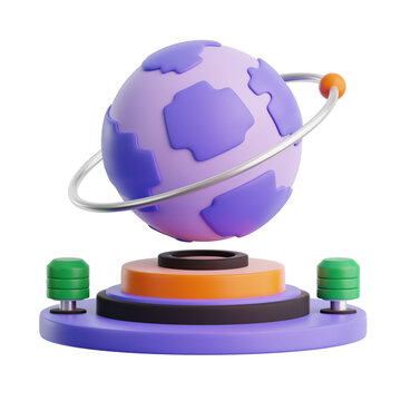 planetarium artificial planet with satellite solar system floating on machine for virtual reality digital world space 3d icon illustration render design