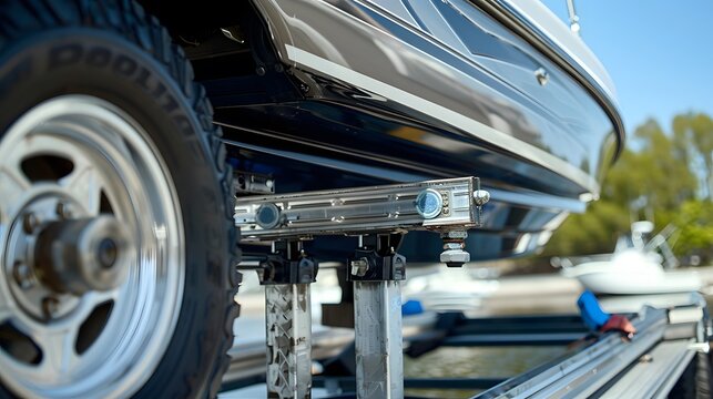 Close up view of a car jack lifting up a boat trailer that just had a new tire installed. Need new tires?