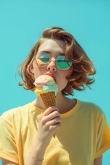 Young woman savoring a triple scoop ice cream cone on a sunny day