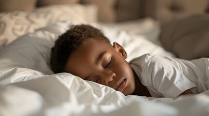 Cute African American little boy sleeping soundly in his nice warm bed with white sheets and pillowcase in the morning.