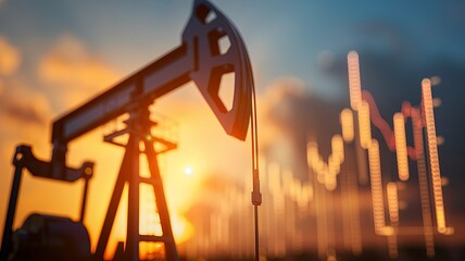 Oil pump jack in a sunset background with blurred financial charts representing the energy market. Energy sector and oil industry concept.