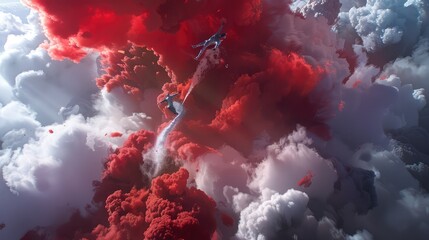 A dynamic explosion of red and silver smoke, featuring a 3D animated stunt performer executing breathtaking aerial maneuvers within the smoke clouds
