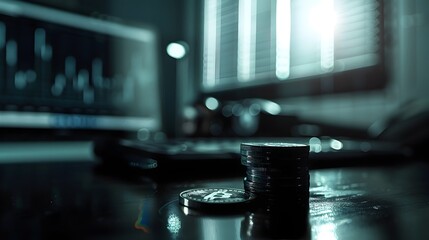 Cinematic Economy Coin with Dynamic Financial Analytics in Moody Film Noir Executive Office