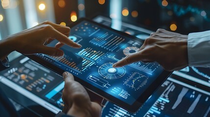 Professionals Utilizing Advanced Data Analytics on Sleek Digital Tablet for Modern Business Strategy