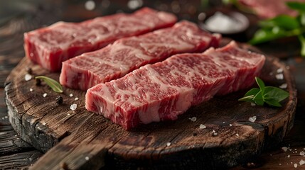 Fototapeta premium Premium Wagyu Beef Slice on Rustic Wooden Chopping Block