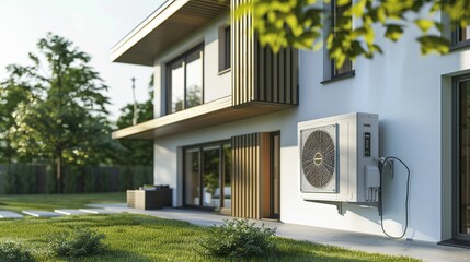 A heat pump hanging on the outerside of house UHD wallpaper