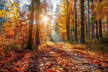 Fototapeta premium Sun shining through the trees in a forest path covered with fall leaves, autumn forest path scenery