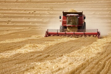 Fototapeta premium Red combine harvester harvesting wheat field during summer. Agriculture, farming, grain, harvest, agricultural machinery, farming machinery.