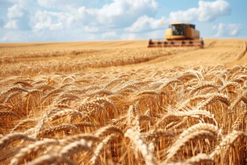 Close-up of a golden wheat field with a combine harvester in the distance under a blue sky with fluffy clouds.