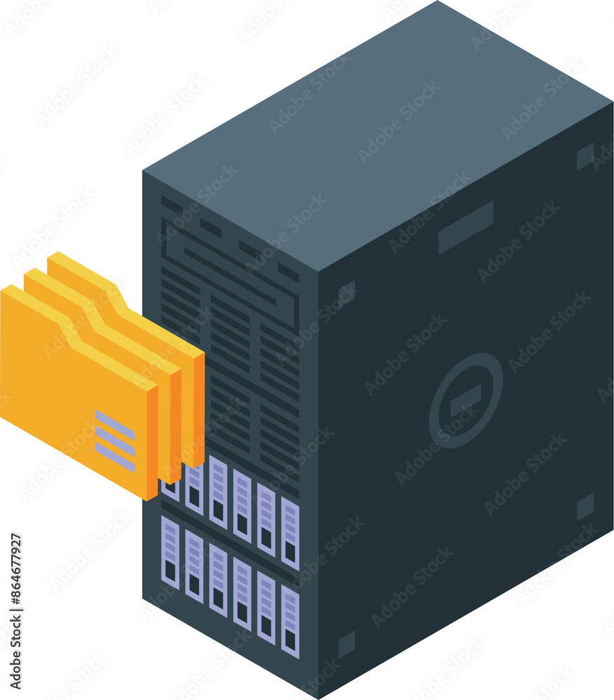 Poster isometric icon of a data server storing folders, representing data processing and storage