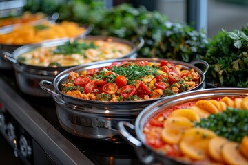 Obraz premium Close up of a buffet table with various prepared food in chafing dishes with fresh parsley. Catering for an event with delicious meal choices.