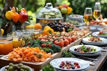Delicious and healthy buffet table with fresh fruits, vegetables, and salads.  Concept of vegetarian, vegan, organic, healthy eating, and a party in nature.