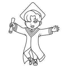 Cartoon boy graduate holding a diploma line art
