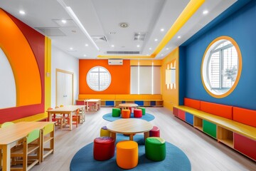 Colorful and playful interior design of a kindergarten classroom, featuring bright colors, rounded furniture, and a comfortable and stimulating learning environment for preschoolers.
