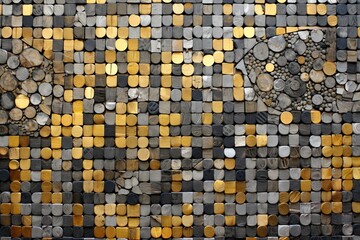 Recycled newspaper art, blending dark gray hues with a golden palette on weathered materials, forming a mural-like composition on cardboard