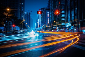 Long exposure shot of a busy city street at night with streaks of light from cars. Concept of urban life, motion, speed, and energy.