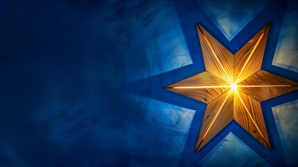 Illuminated boards form a radiant star against a deep blue, creating a striking visual contrast.