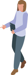 Manager is holding a tablet and pointing while walking in this isometric illustration