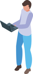 Freelancer standing and working on his laptop, isometric illustration