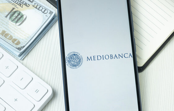 New York, USA - 21 June 2024: Mediobanca Banca di Credito Finanziario Logo on Phone Screen, Company Icon