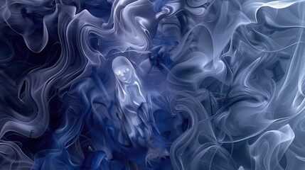 Fototapeta premium A mysterious swirl of indigo and silver smoke, with a 3D animated ghost drifting silently, its form occasionally becoming more visible in the smoke