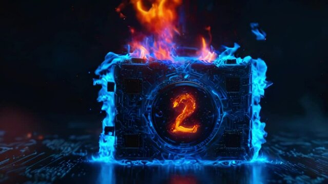 Flames surround a blue box with a number two on it.