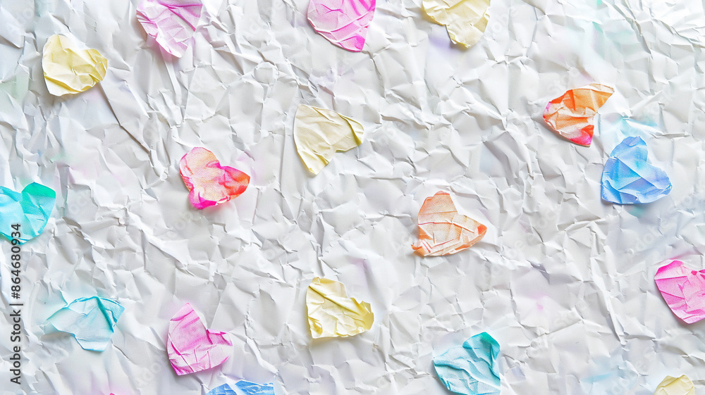 Wall mural colorful crumpled paper hearts in pastel shades scattered on a crumpled white paper background, crea