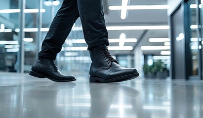 Fototapeta premium Black Leather Boots on Shiny Floor