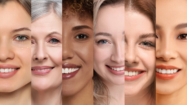 Many beautiful women of different races and ages, banner design. Collage of closeup portraits
