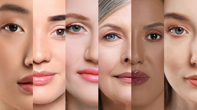 Many beautiful women of different races and ages, banner design. Collage of closeup portraits