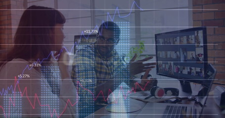 Image of graphs, binary codes, computer language, diverse coworkers discussing about pictures