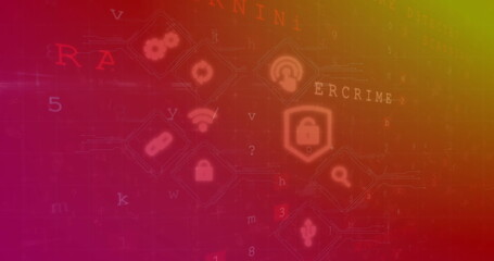 Image of computer application icons over texts, symbols, numbers and letters in background