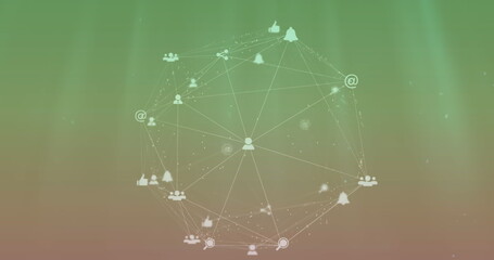 Image of icons connected with lines forming globe over gradient background