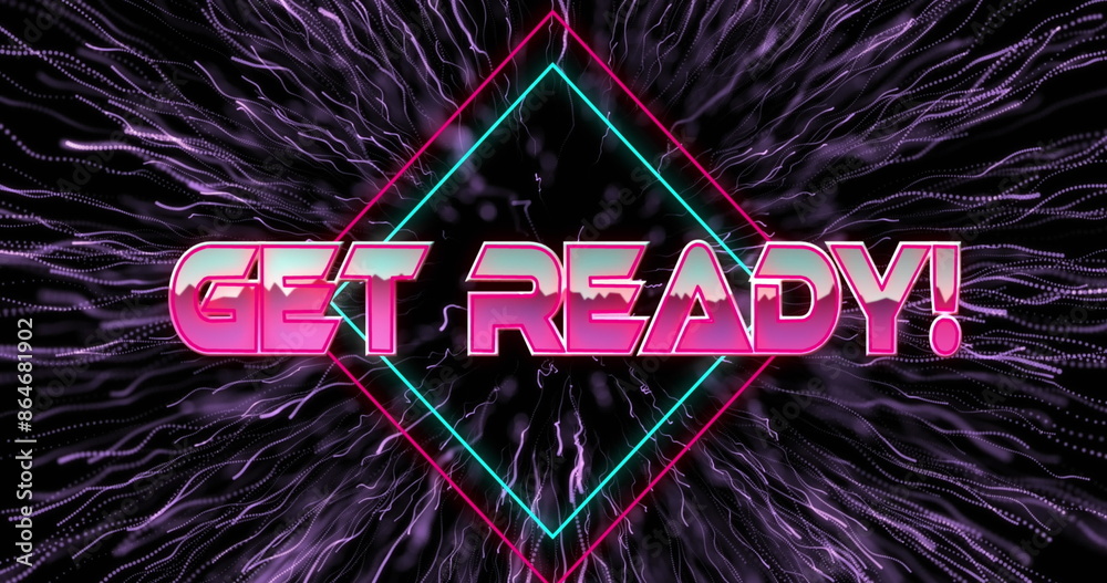 Poster Image of get ready text on rhombuses and dots exploding over black background