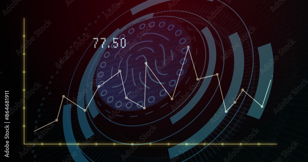 Aufkleber image of graph with changing numbers and fingerprint in loading circles over black background