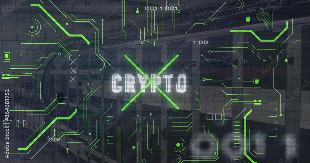 Poster image of circuit board pattern, binary codes and crypto text over server room